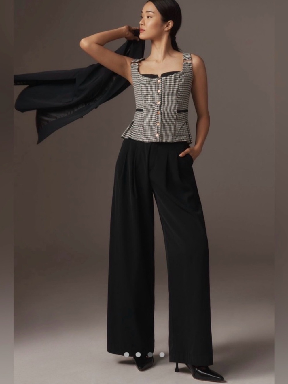 Anthropologie Black and White Houndstooth Button-Front Cropped Top - Picture 6 of 12